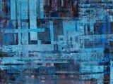 an abstract painting of blue and brown squares on a black background