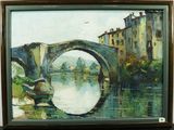 une peinture représentant un pont au-dessus d'une rivière avec des bâtiments à l'arrière-plan