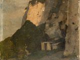an old painting of a man sitting on a beach next to a cliff