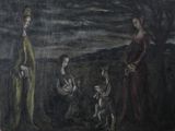 painting of three women and a child in a landscape with a dog