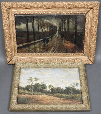 deux tableaux encadrés représentant une route de campagne et un paysage boisé
