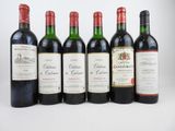 six bouteilles de vin alignées sur une surface blanche
