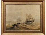 a painting of two ships in rough water with a boat in the foreground