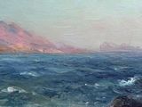 an image of a painting of a beach with waves coming in to shore