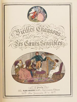 an old book with a picture of a man and a woman sitting on a couch