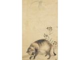 a painting of a cat walking on the ground next to a flower
