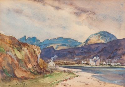 a watercolor painting of a view of a mountain range