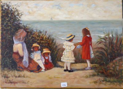 tableau représentant un groupe d'enfants debout sur une plage au bord de la mer