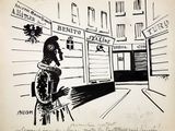 drawing of a woman sitting on a stool in front of a store
