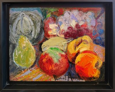 un tableau représentant des fruits posés sur une table, dans un cadre noir