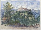 aquarelle représentant un château sur une colline, entouré d'arbres