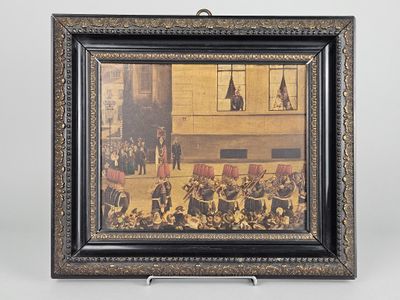 tableau encadré représentant un groupe de personnes dans un bâtiment