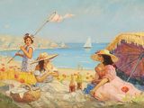 a painting of a group of women sitting on the beach