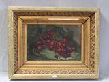an oil painting of cherries in a gold frame on a white background