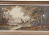 painting of a deer in a wooded landscape with a stream