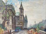 an oil painting of a street scene with a church in the background