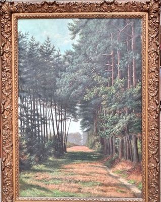 an oil painting of a path in the woods with trees