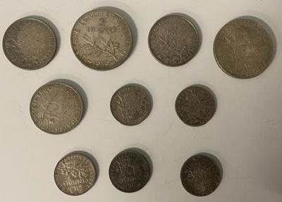 several coins are arranged in a circle on a white surface