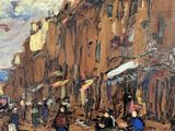 a painting of people walking down a street with umbrellas