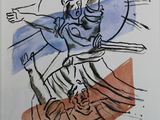 painting of a man riding a surfboard on a wave with a sun in the background