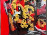 peinture représentant un vase de fleurs sur fond rouge, rehaussée de touches noires et jaunes