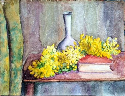 un tableau représentant un vase avec des fleurs jaunes posé sur une table