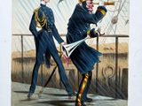 deux hommes en uniforme tenant des parapluies sous la pluie