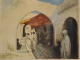 painting of a group of people walking down a street next to a building