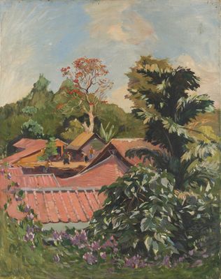 an image of a painting of a red roof with a tree in the background
