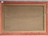 a painting of a red frame with a rope hanging from it ' s side