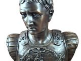 bronze bust of a young man wearing armor and holding a shield