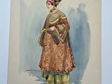 painting of a woman in a brown dress with a hat and a fan