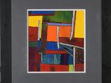a painting of a colorful abstract painting with a black frame
