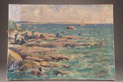 an image of a painting of a beach scene with a boat in the water