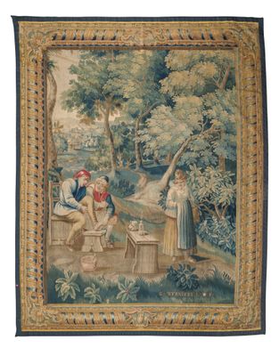 une tapisserie représentant un homme et une femme assis sur un banc