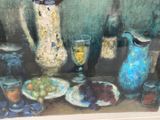 a painting of a still life with a pitcher and a plate of fruit
