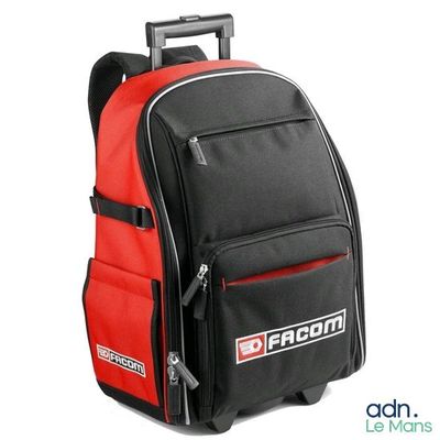 red and black wheeled backpack with a logo on the front