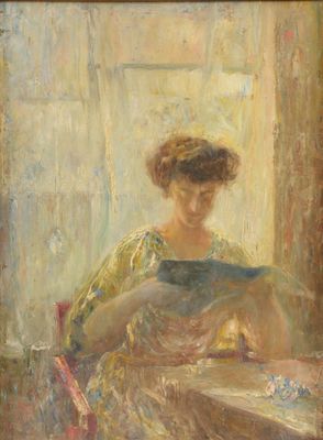 an image of a painting of a woman sitting at a table