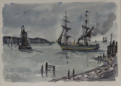 a painting of a ship in the water near a dock