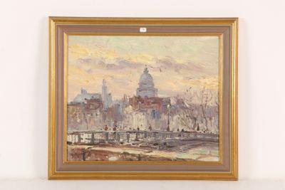 an oil painting of a cityscape with a bridge in the foreground