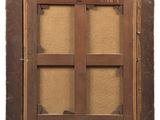 an old wooden window with a brown frame and a white background
