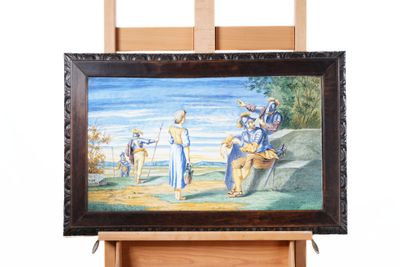 une photo d'un tableau posé sur un chevalet, représentant un homme et une femme