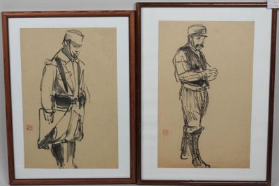 deux dessins encadrés représentant un homme et une femme debout l'un à côté de l'autre