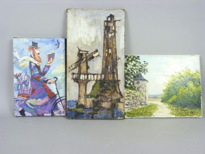 trois tableaux représentant un moulin à vent, la tour d'un moulin à vent et une femme à vélo