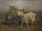 a painting of two goats grazing in a field