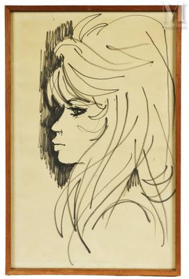 dessin représentant le visage d'une femme aux cheveux longs, dans un cadre en bois