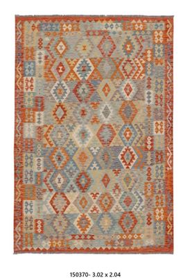 Kilim Afghan en laine Couleur orange ,beige gris 302 x 204
