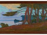 une peinture à l'huile représentant un bateau sur un lac entouré d'arbres
