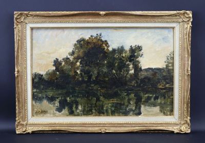 un tableau représentant un paysage fluvial avec des arbres au premier plan