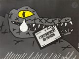 an image of a black and white poster with a picture of a crocodile